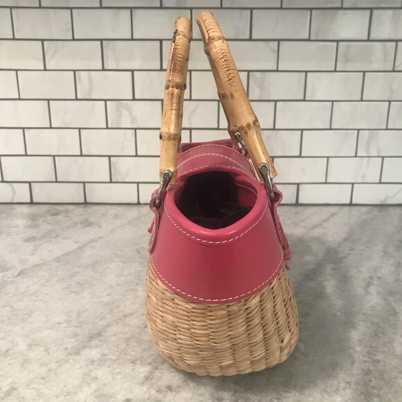 Miche Straw Basket Handbag Womens Pink Leather Trim Bamboo Handles Insert Tote - Picture 2 of 10